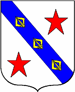 Argent on a bend azure, between two mullets gules, three buckles or