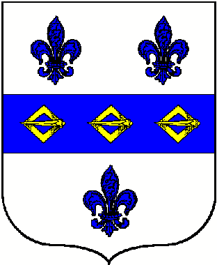 Argent on a fess azure three buckles or between as many fleurs-de-lis of the second