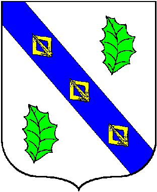 Argent on a bend azure between two holly leaves vert three buckles or
