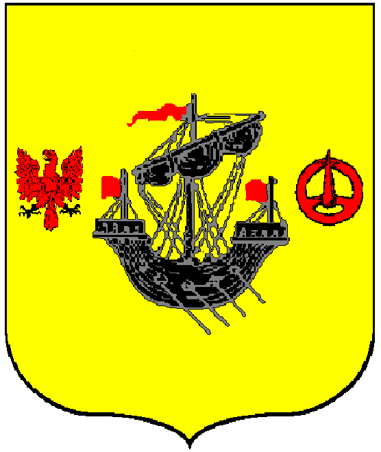 Or, a lymphad, sails furled, oars in action Sable, flagged Gules, an eagle displayed of the Last, beaked and membered of the second and a buckle of the third, in the dexter and sinister fess points